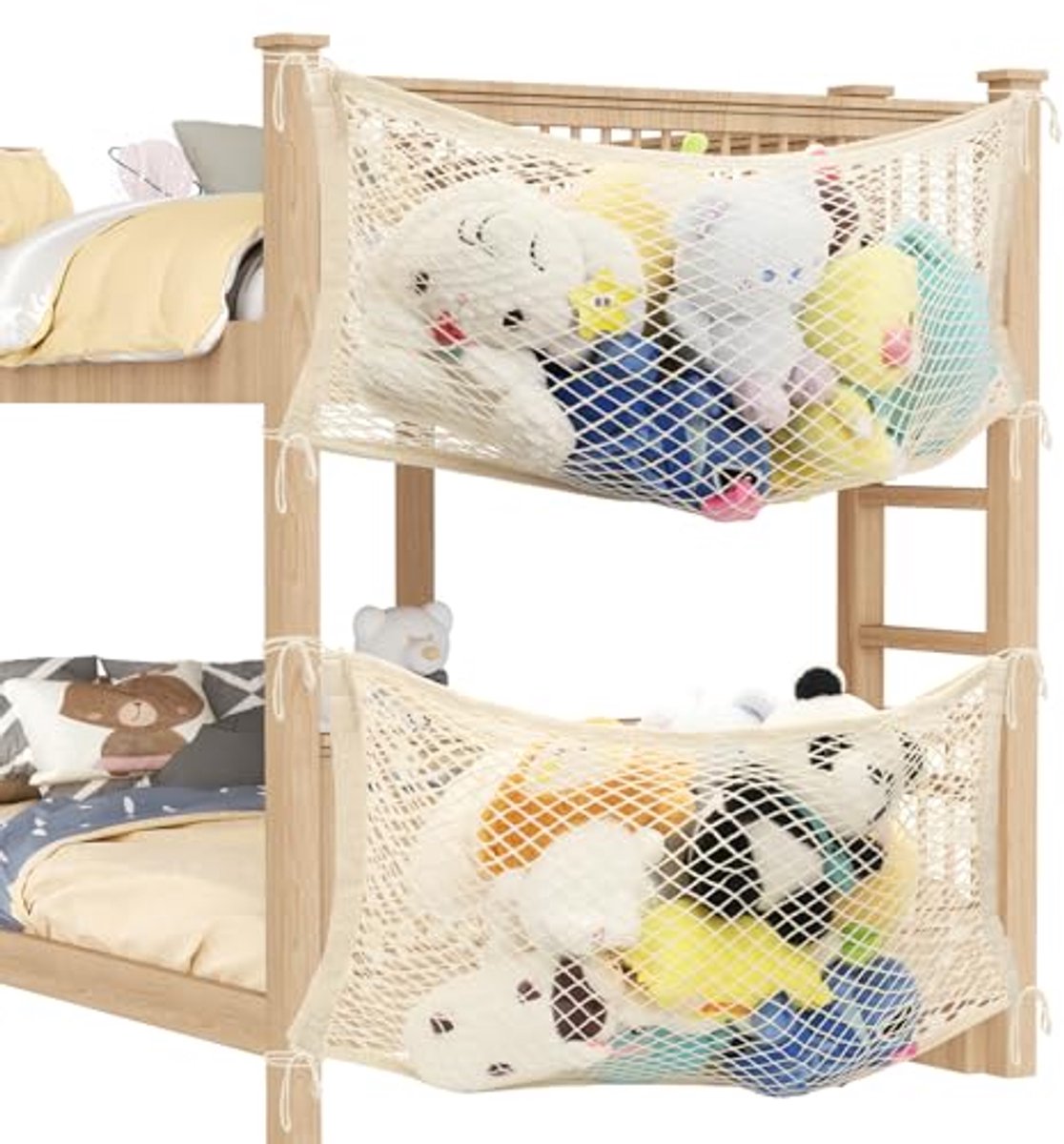 Opbergnet voor knuffeldieren - Zachte speelgoedorganizer voor kinderen - Hangend katoenen net voor slaapkamer (beige, set van 2)