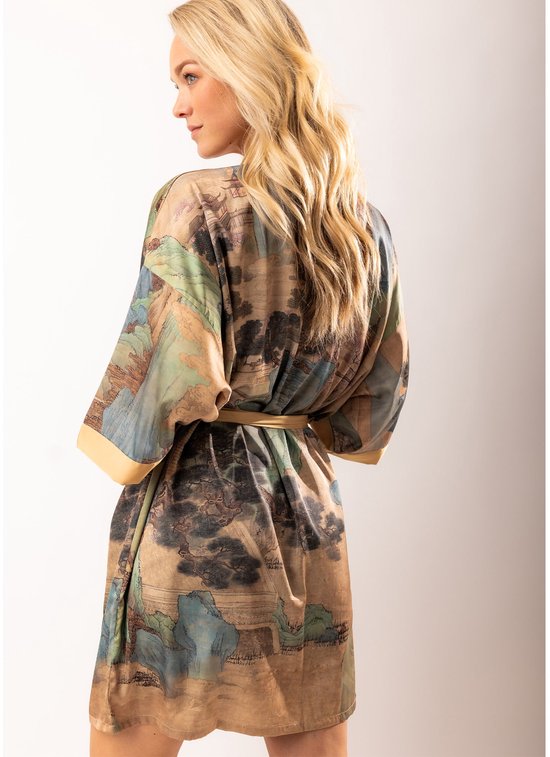 Kimomi Korte Kimono Dames – Satijnen Ochtendjas met Japanse Print – one-size - Loungewear – Poetry in Silk
