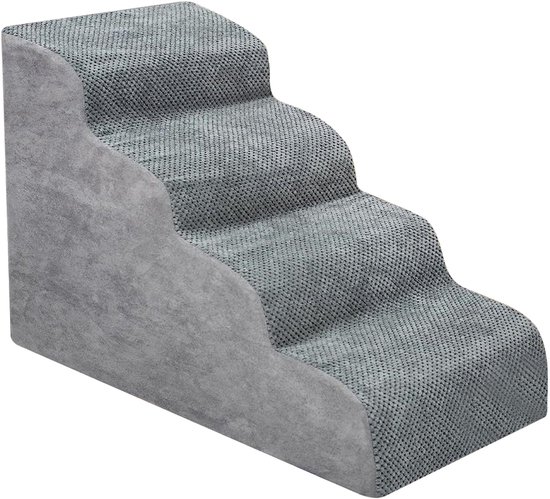Grijze, vierledige hondentrap met stoffen bekleding.