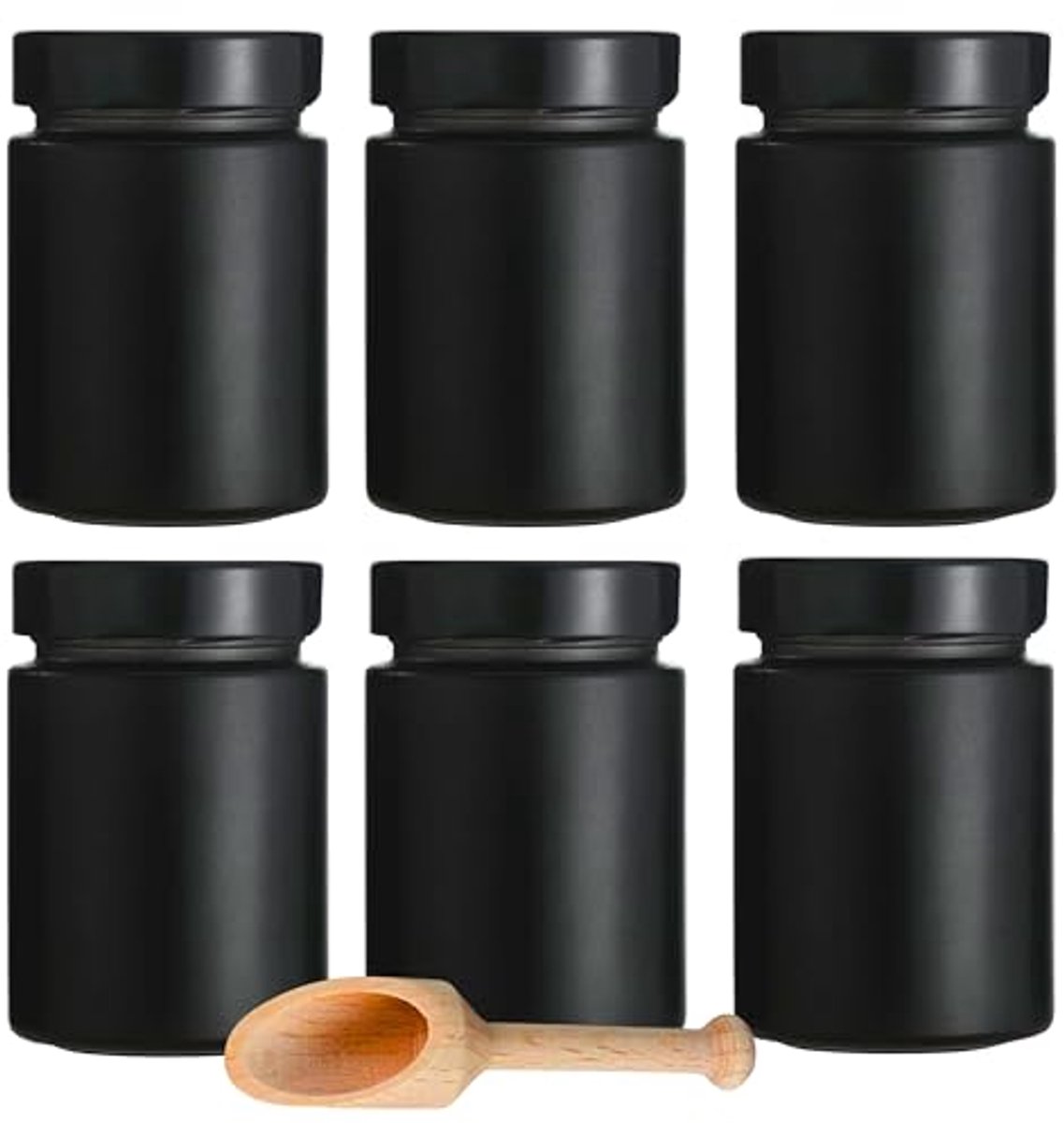 6 Zwarte Kruidenpotjes 190 ml met Schroefdeksel en Houten Schep