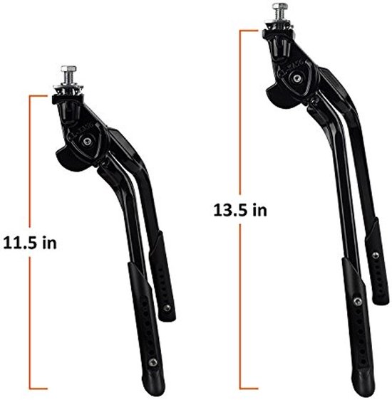 Twee zwarte fietsstandaarden, 11.5 inch en 13.5 inch lang.