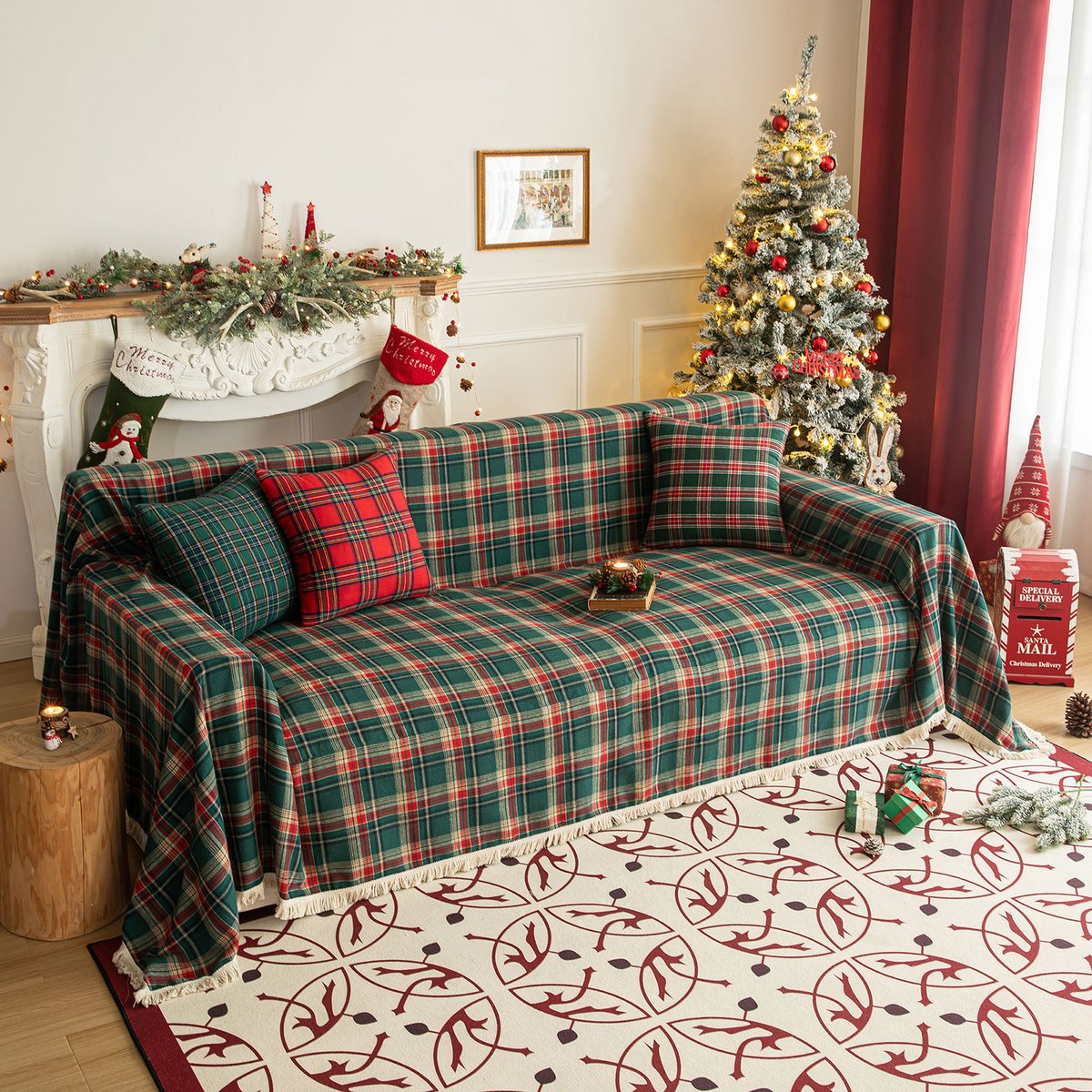 Qelus Groen Kerst Ruiten Sofadeken met Franjes - 180x260 cm - Zachte en Veelzijdige Deken - Kerstversiering voor Bank en Bed
