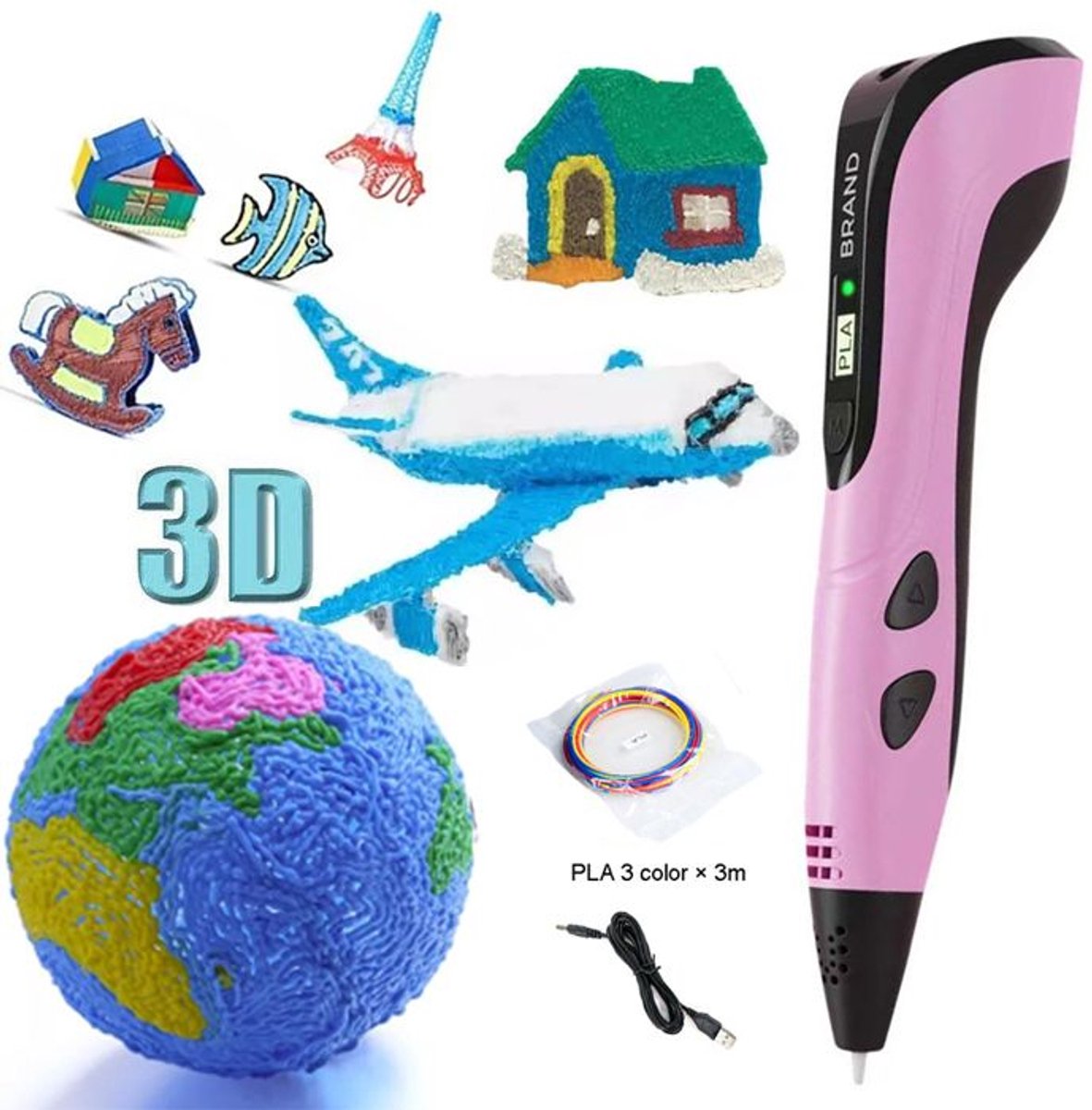 Image of 3D-pen voor kinderen met 3 kleuren PLA-filament en LCD-scherm, doe-het-zelf educatieve 3D-graffiti-schildering - roze