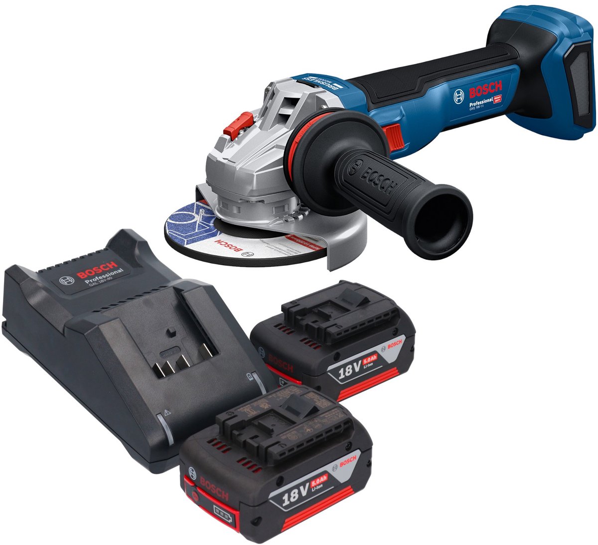 Bosch GWS 18V-11 Professional accu haakse slijper 18 V 125 mm + 2x accu 5,0 Ah + oplader
