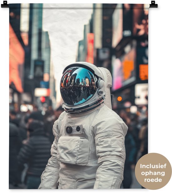 Wandkleed 60x80 cm - Wanddoek Stad - Mensen - Astronaut - Wit - Wandtapijt - Wandkleden