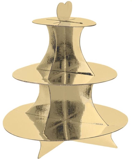 Spetebo Karton Etagère 34 x 30 cm met 3 planken - Zilver - Serveerbord met hartvormige handgreep - Dessert, muffin, cupcake, taartbord, serveer kartonnen standaard