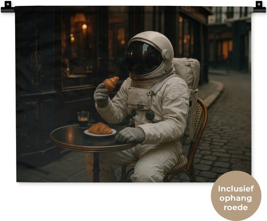 Wandkleed 60x45 cm - Wanddoek Café - Croissant - Koffie - Astronaut - Wandtapijt - Wandkleden