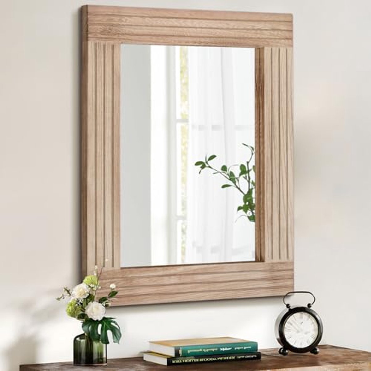Rustieke rechthoekige muurspiegel met houten frame - Vintage wanddecoratie voor slaapkamer, badkamer en woonkamer - 30 x 40 cm