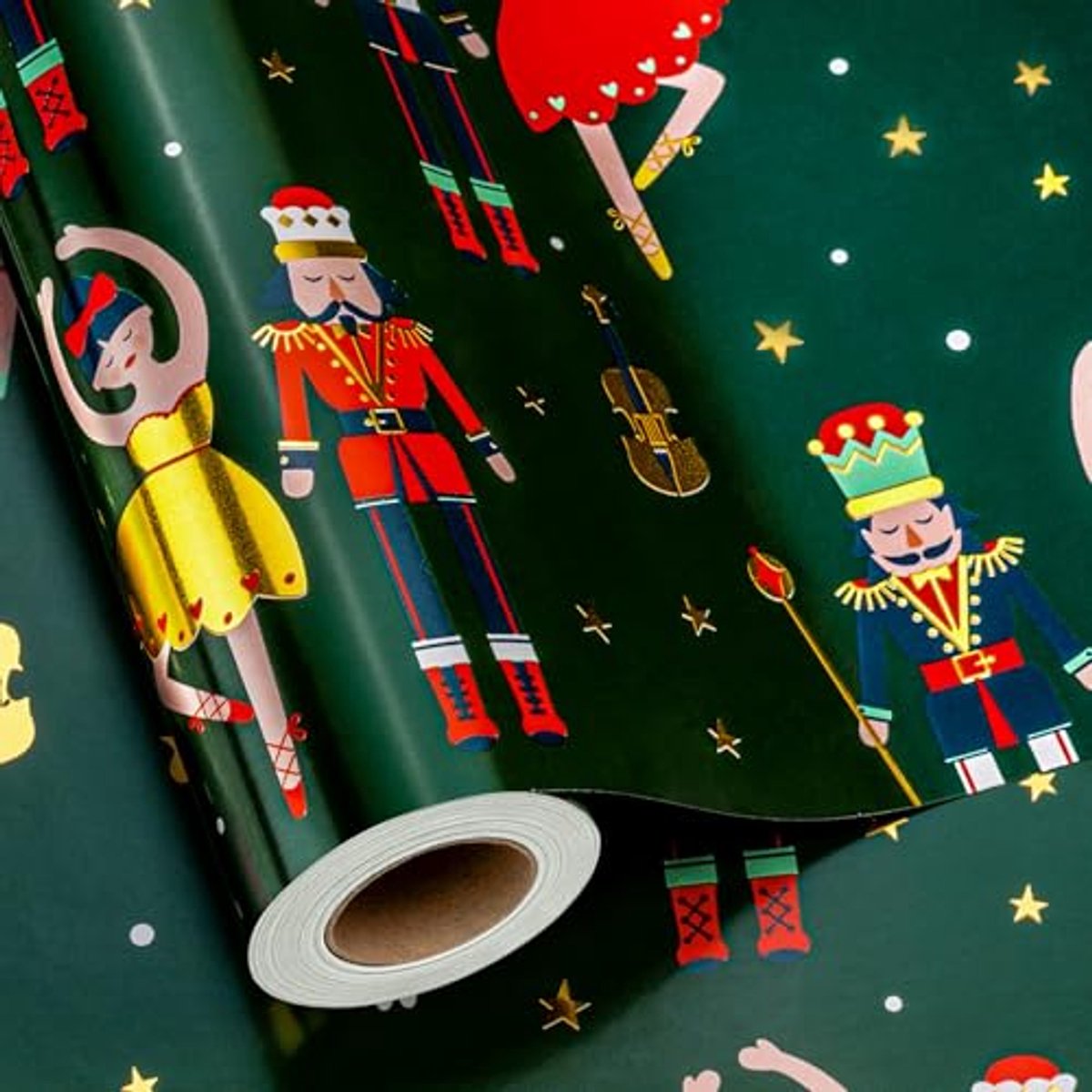 Kerst Inpakpapier - Vintage Metallic Folie Groen en Goud - Notenkraker Ballet Cadeaupapier voor de Feestdagen