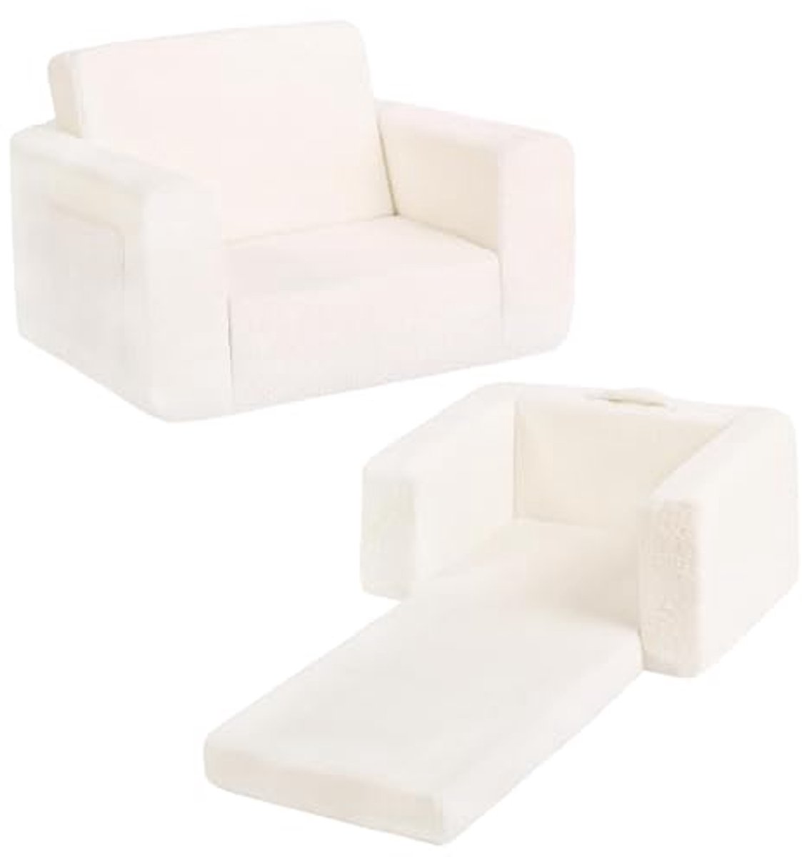 Image of 2-in-1 Zachte Sherpa Kinderbank en Peutertstoel - Converteerbare Kinderbank met Zijzakken - Beige