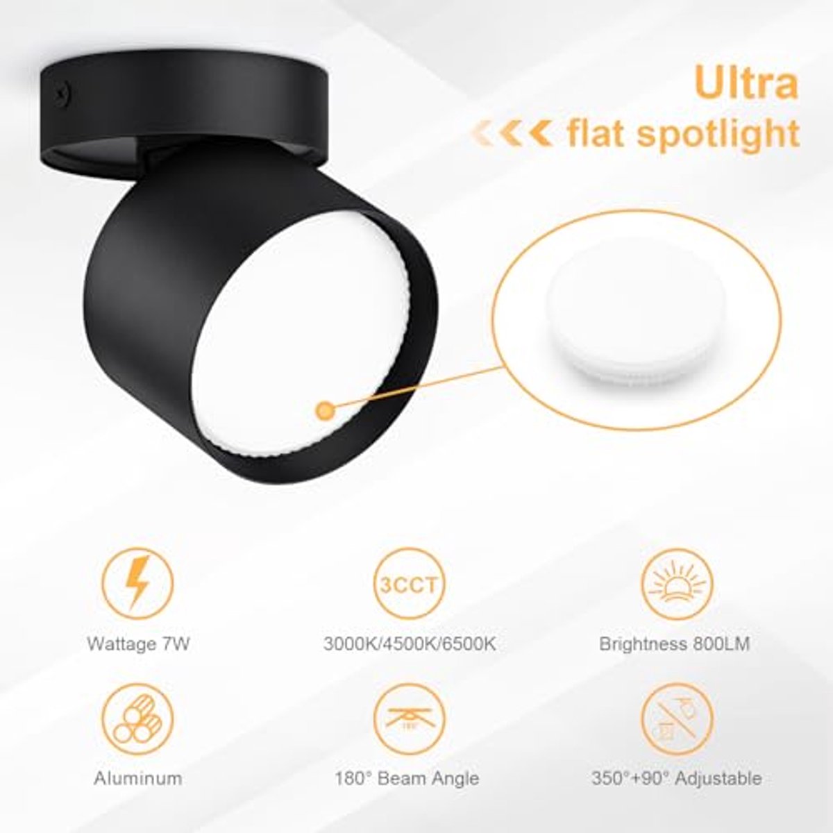 Dimbare LED inbouwspot met draaibaar ontwerp, 7 W, 800 lm, ronde aluminium spot, keuken, woonkamer, slaapkamer, 3000 K, 4000 K, 6500 K