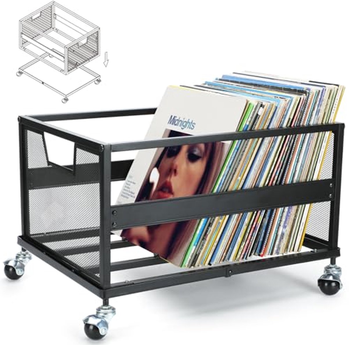 Vinyl Record Storage Rack with Wheels - Stylish Metal Organizer for Up to 100 Albums
