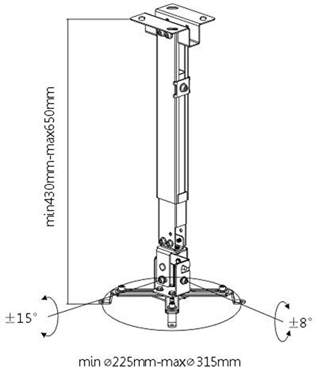 Verstelbare Projector Bevestiging voor Wand en Plafond - Universele Beugels (430-650 mm, -8-8°, -15-15°, 237 mm, 203 mm, 650 mm)