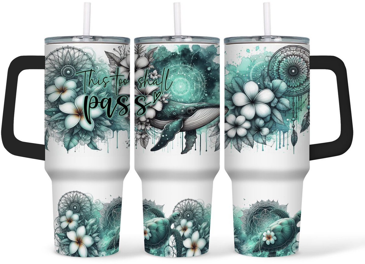 Creasowl® - Walvis - Tumbler - 40oz - RVS Thermosbeker met Handvat en Rietje - 1.2 Liter Drinkbeker To Go - Geschikt voor Warme en Koude Dranken - Thermosbeker - Thermosfles - Tumbler - Drinkfles - Mug - Thermoskan - RVS