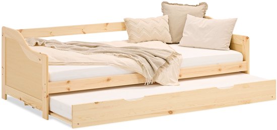Lit en bois Homestyle4u - 90 x 200 cm - sommier à lattes - extensible - Naturel