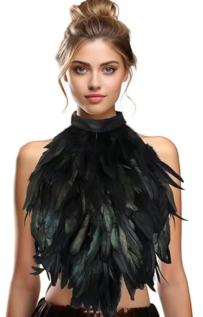 Festivallook – Luxe Veren Halsstuk Zwart – Gothic Burlesque Festival Accessoire – Sexy Schouderversiering Dames – Verenkraag Choker Top – Veren Kraag Kostuum Accessoire Halloween – Show Burlesque Fantasy Outfit – Verenkraag Zwart Veren Top Party Mode