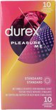 Durex Pleasure Me verpakking: roze en gele gradiënt met afbeelding van vrouw, met "durex", "Pleasure Me" en 10 condooms.
