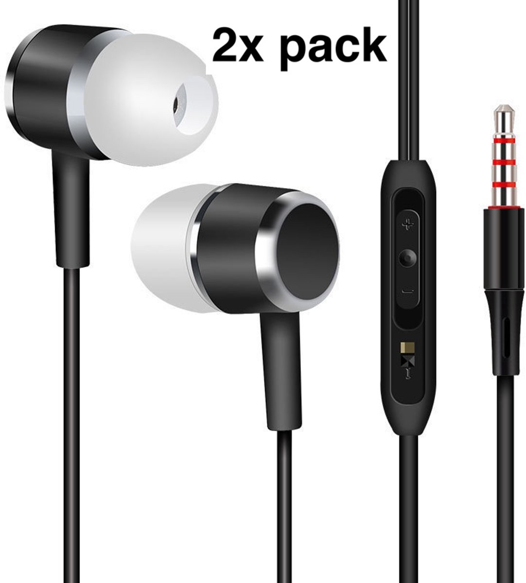 2x Bedrade oortjes - In Ear Oordopjes - Oortjes met Draad en Microfoon - Extra Bass - 3,5mm Jack Aansluiting - 120cm kabel - Zwart