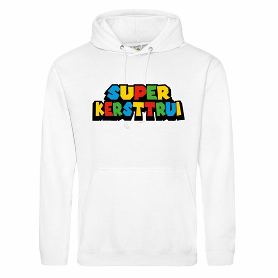 Witte hoodie met "Super kersttrui" - maat L - kerst, kerstmis, fout, kerstfeest, kerstmis, trui, kerstdiner, aankleding, hoody, hoedie