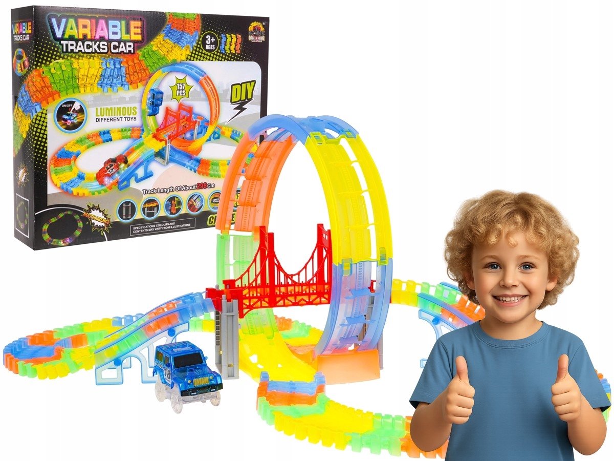 Glow-in-the-Dark Racebaan met Loop & Auto - 298cm Flexibele Baan