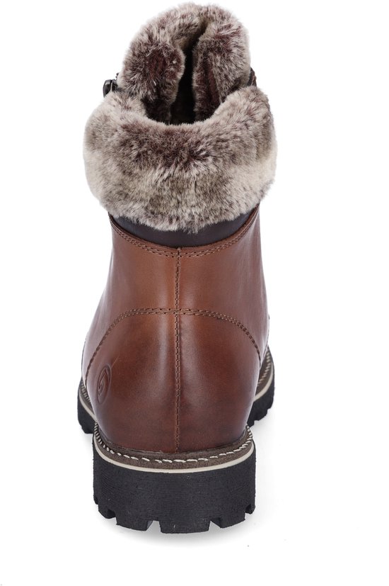 Bruine leren veterboot met rits, bontkraag en veterdetails, van de achterkant gezien.