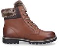 Bruine leren veterboot met rits, bontkraag en veterdetails, van de zijkant gezien.