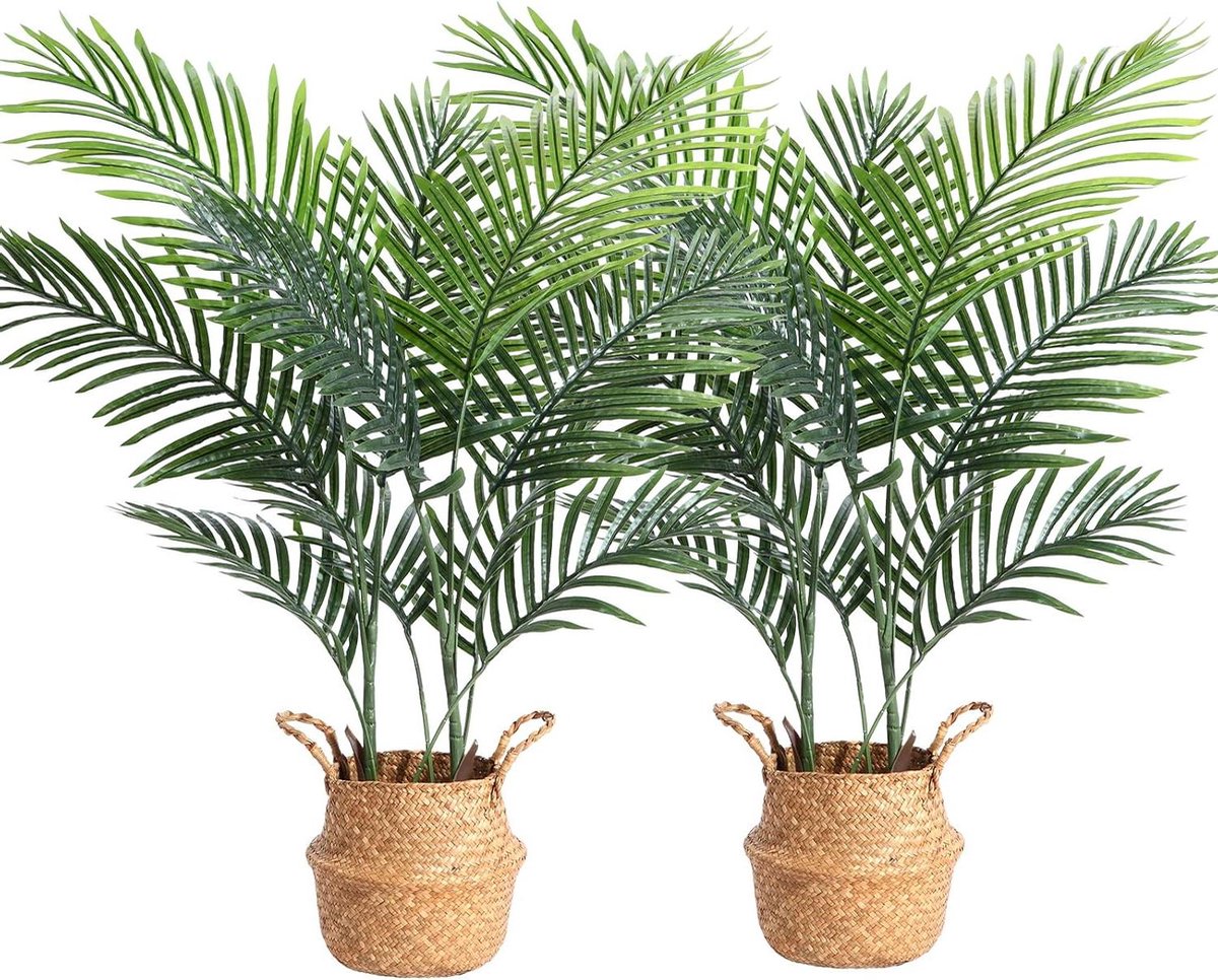 Provento Kunstplanten Areca palmbomen in zeegras mand - 110cm - Nep faux plastic planten - Indoor decoratie - Slaapkamer - Set van 2 Groen