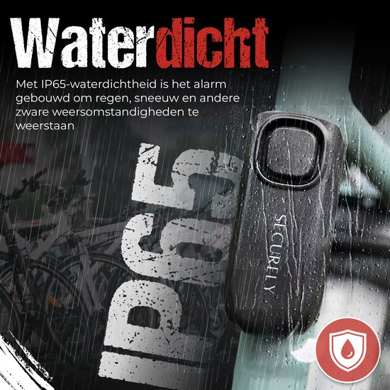 Zwart alarmapparaat met "IP65 waterdicht" tekst, bedekt met waterdruppels.