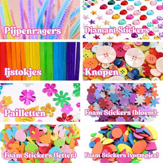 Collage van knutselmaterialen: chenilledraad, diamanten stickers, ijsstokjes, knopen, pailletten, bloemvormige foamstickers, letter- en vormstickers.