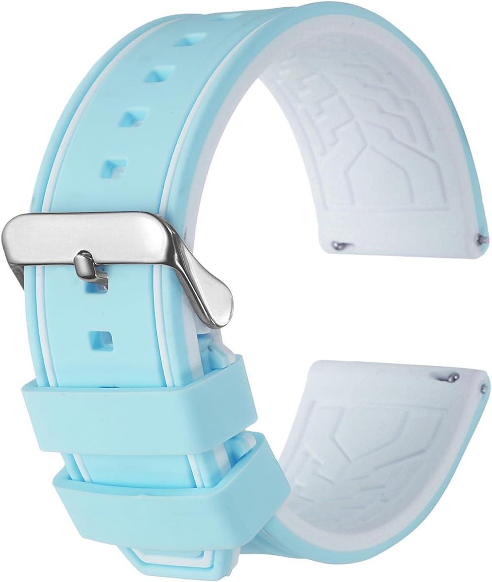 Siliconen horlogeband 26 mm breed, zachte sluiting, rubberen band met zilveren gesp - Unisex - Lichtblauw-Wit - Comfortabel, duurzaam, stijlvol.