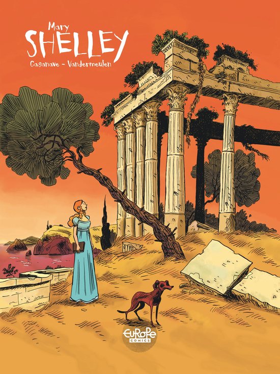 Een vrouw in een blauwe jurk staat met een boek in haar hand naast een hond bij de ruïnes van een Griekse tempel.