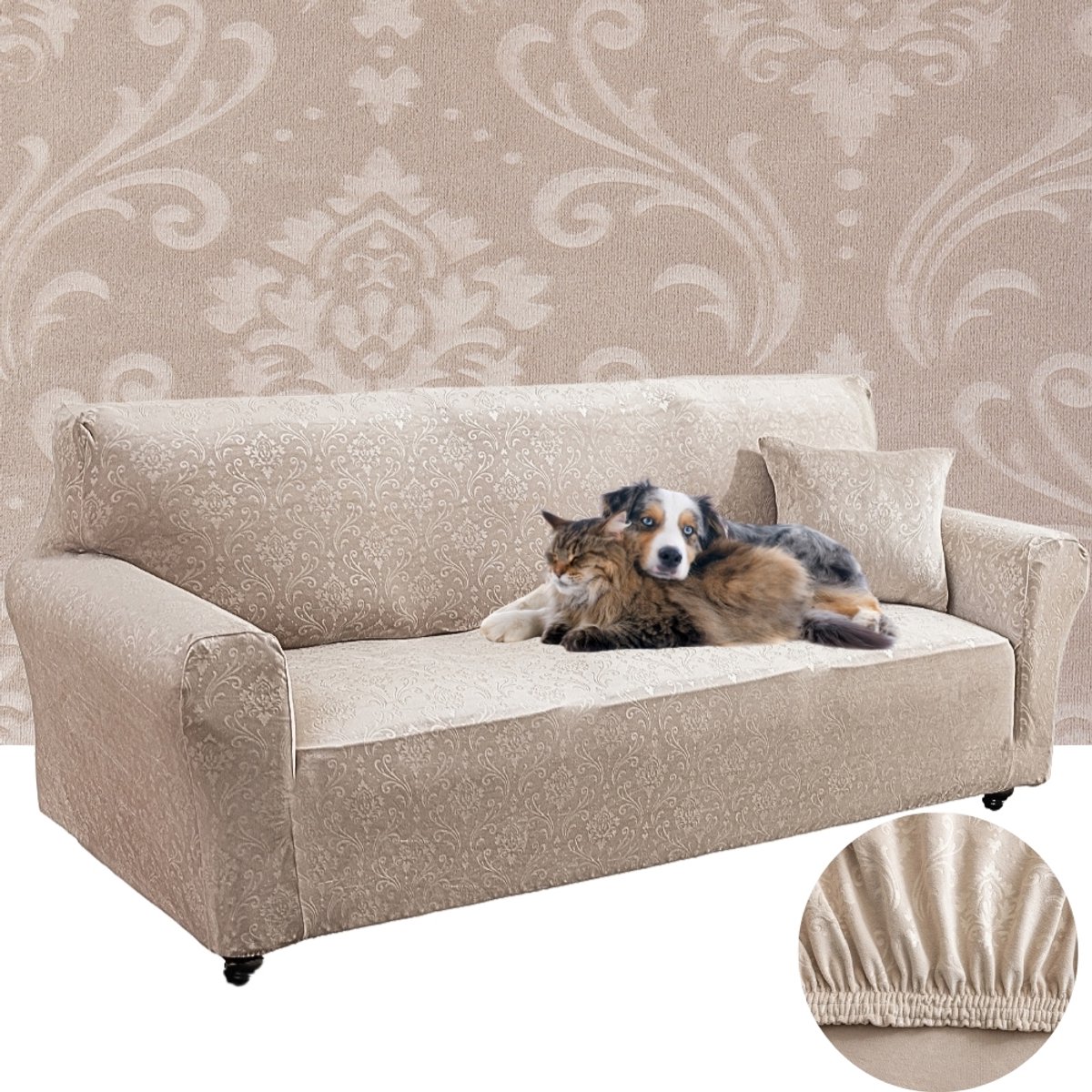 Velours bankhoes met ornament, 190-230 cm, OEKO-TEX, beige