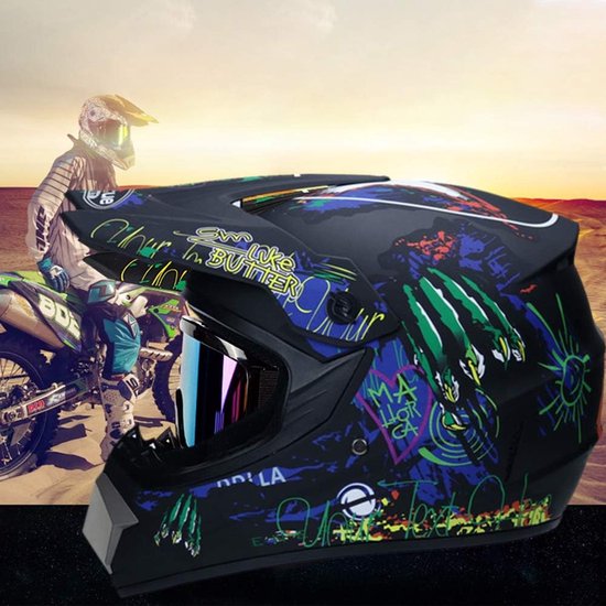 Motorcross Helm Set Full Face Met Bril, Handschoenen En Gezichtsbescherming - Professionele Offroad Helm, ABS, 51-58 Cm, Zwart, Voor Heren En Dames
