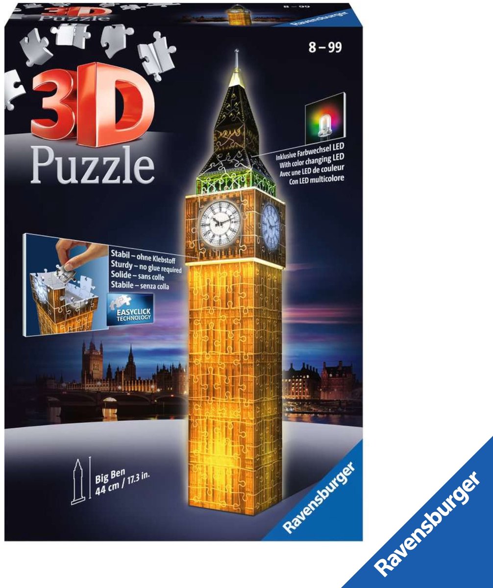 Ravensburger 3D LED Puzzel Big Ben Nachteditie - 216 Elementen
