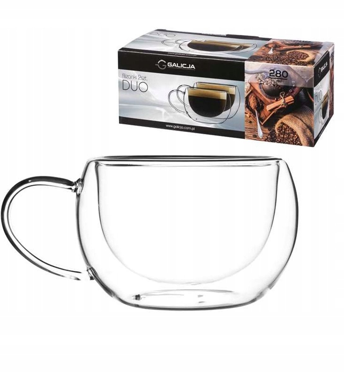Duo Dubbelwandige Glazen Mokken 2 stuks 280 ml met Handvat