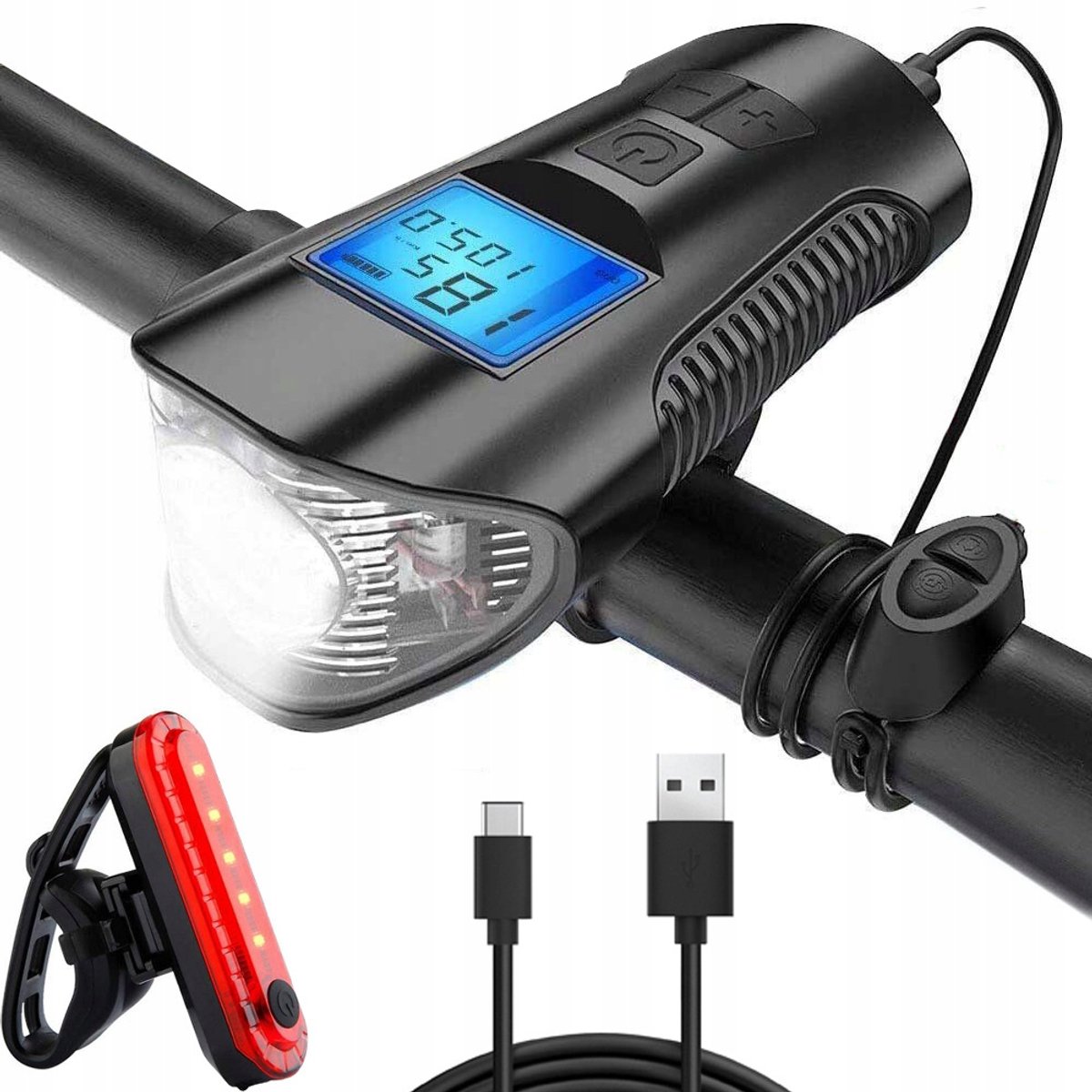 Fietslamp LED 3-in-1: Voorlamp, Achterlamp, Kilometerteller & Bel