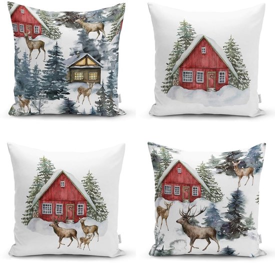 Velvet Kussenhoes set van 4 stuk - 50x50 - Kussensloop - Kerst Rendieren & Berghuisje - De Groen Home