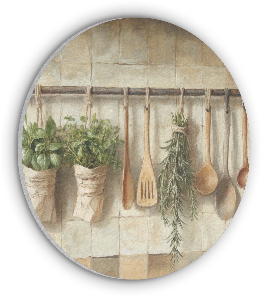 Akoestisch wandpaneel rond 60x60 cm - Vilt schilderij Hout - Keukengerei - Stilleven - Tegels - Ronde akoestische panelen - Geluidsdempende wanddecoratie - Geluidsisolatie wandcirkel - Muurdecoratie geluidspanelen