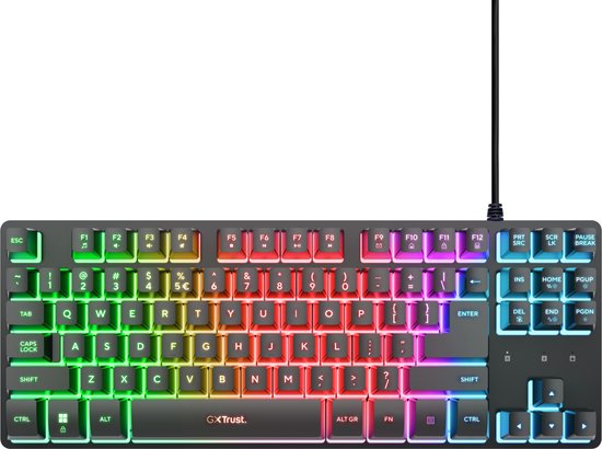 Zwart, tenkeyless gaming toetsenbord met AZERTY BE-indeling en full-color RGB-verlichting.