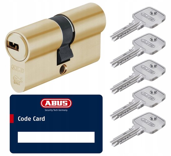 Gouden cilinderslot met vijf zilveren sleutels en een codekaart. ABUS logo op slot en sleutels.