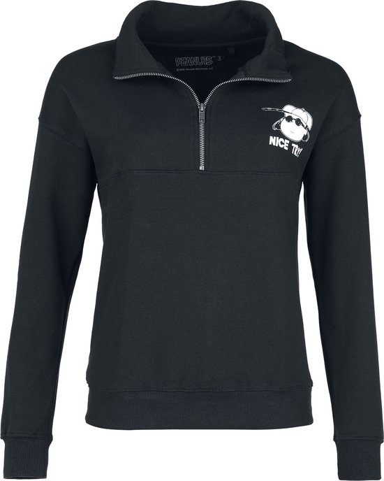 Sweat noir à demi-fermeture éclair et col. Imprimé sur la poitrine de Lucy de Peanuts avec lunettes de soleil et casquette, avec le texte "NICE TRY!".