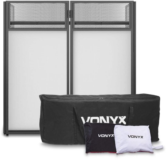 Zwarte DJ booth met witte panelen en twee draagtassen.