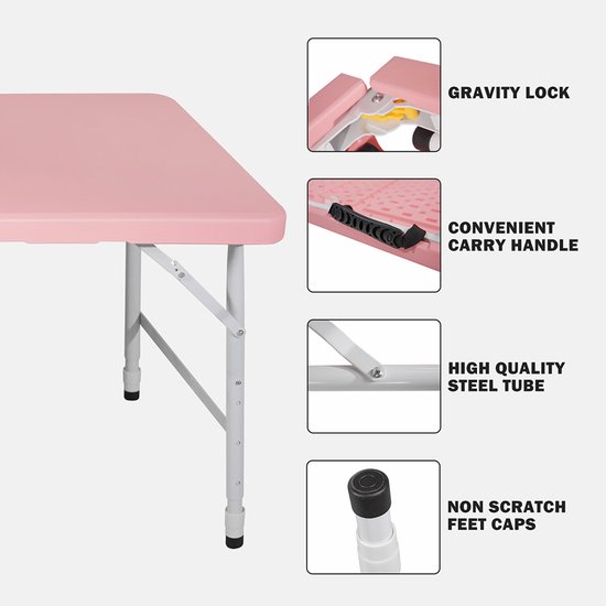 BLACKCOLORS - Klaptafel - 125 cm - Robuust & Draagbaar - Met Handvat - Hoogteverstelbaar - Multifunctioneel (Kamperen/Picknick/Feesten) - Binnen/Buiten - Draagvermogen 135 kg - Roze — afbeelding 3