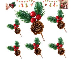 6 stuks - Decoratie van dennentakken - Dennenappels van dennennaalden - Kunstmatige kersttakken - voor het versieren van cadeaudozen - DIY kerstversiering van dennennaalden - voor kerstversieringen, slingers en kransen
