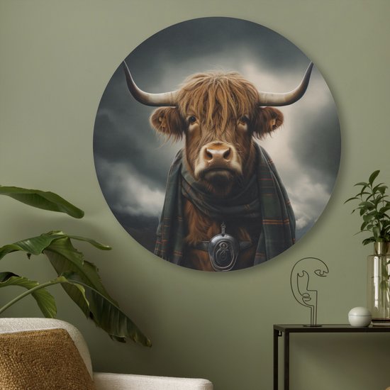 Akoestisch wandpaneel rond 50x50 cm - Vilt schilderij Schotse hooglander - Sjaal - Bergen - Ronde akoestische panelen - Geluidsdempende wanddecoratie - Geluidsisolatie wandcirkel - Muurdecoratie geluidspanelen