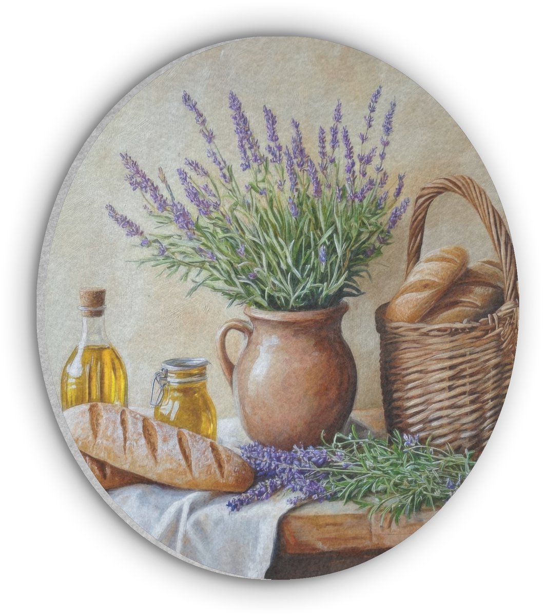 Akoestisch wandpaneel rond 50x50 cm - Vilt schilderij Lavendel - Brood - Stilleven - Ronde akoestische panelen - Geluidsdempende wanddecoratie - Geluidsisolatie wandcirkel - Muurdecoratie geluidspanelen
