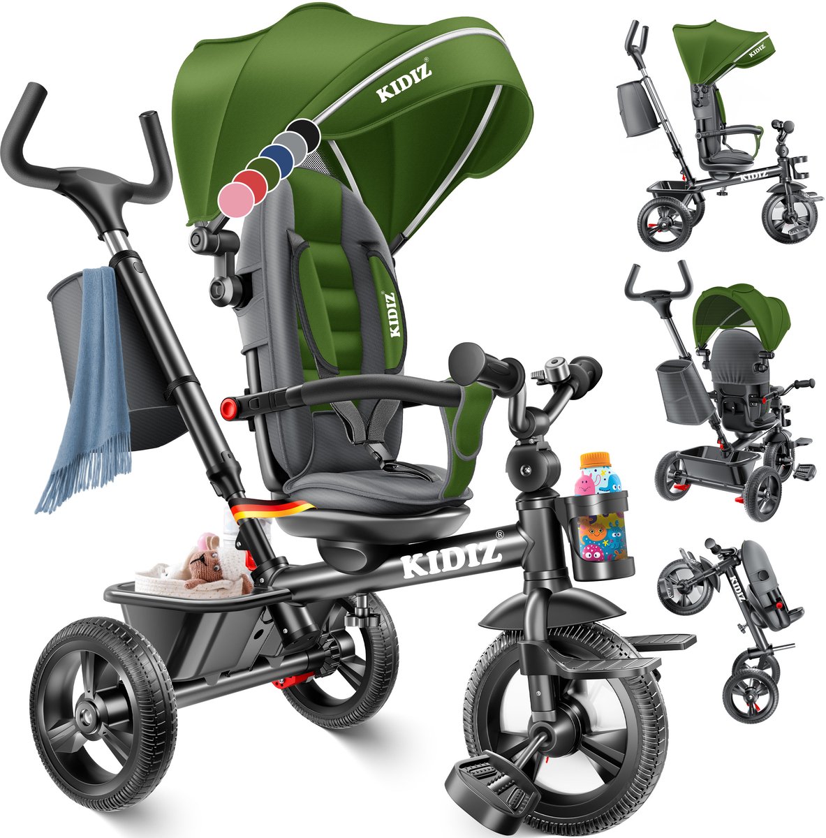 KIDIZ® Loopfiets Driewieler 5in1 Kinderfiets kinderdriewielerfiets 1 jaar vooruit en achteruit Jogger , mand tas drinkhouder zonnekap rubberen wielen, buggy fiets baby opvouwbaar driewielfiets - Khaki