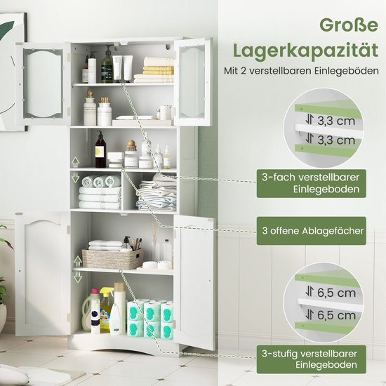 COSTWAY Badkamerkast, vrijstaande hoge kast met 4 deuren, planken en verstelbare plank, badkamerkast met kantelbeveiliging voor woonkamer, badkamer, keuken, wit, 60 x 30 x 148,5 cm