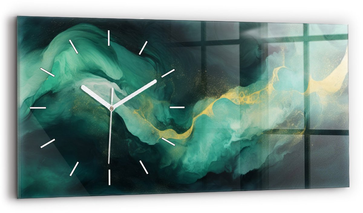 Wallfluent Wandklok - Groen marmer Klok met Print - 60 cm x 30 cm - Groente Wandklok - Witte Handen - Wandklok Zonder Cijfers - Wandklok Glas Woonkamer - Rechthoekige Glazen Wandklok - Minimalistisch Wandklok - Klok met Afbeelding