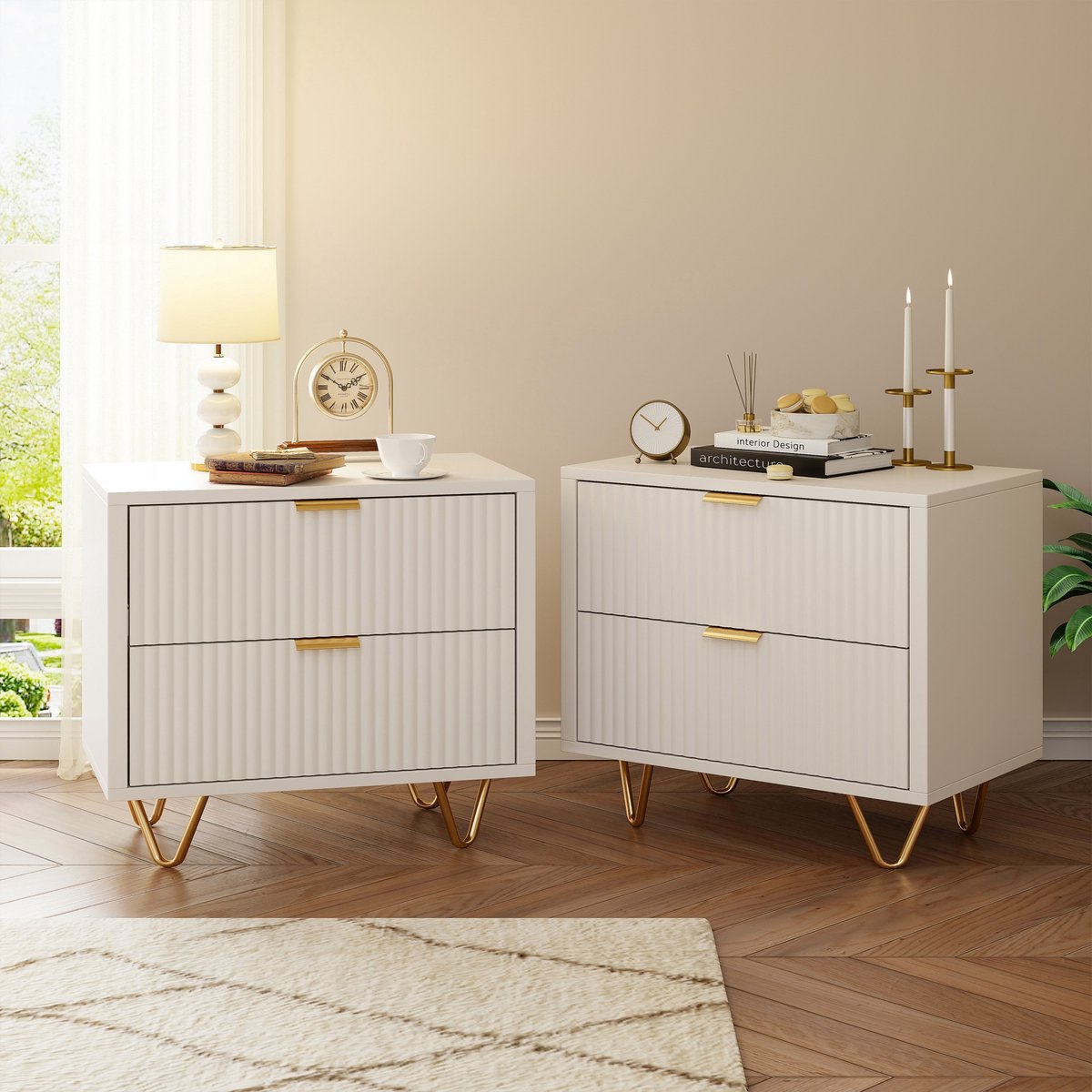 Set van 2 nachtkastjes, houten nachtkastje, 2 lades, boho nachtkastje voor slaapkamer, woonkamer, waterdicht bureaublad, 40x40x55cm, wit